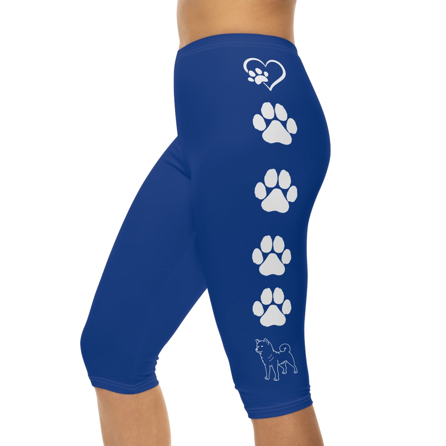Paw Prints and Hearts Shiba Inu Capri Leggings Blue with White