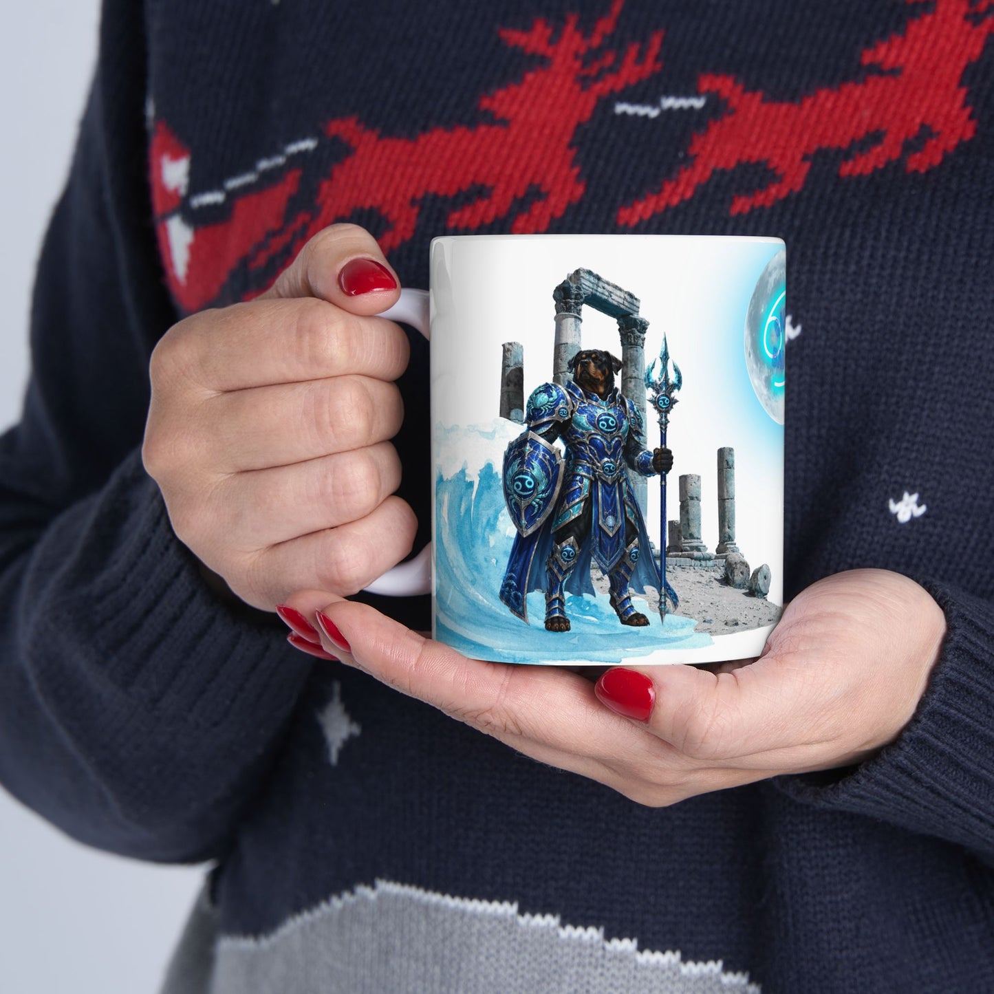 Cancer Zodiac Rottweiler Ceramic Mug – Mythic Neptune Knight Abyssal Dog Art Coffee Cup