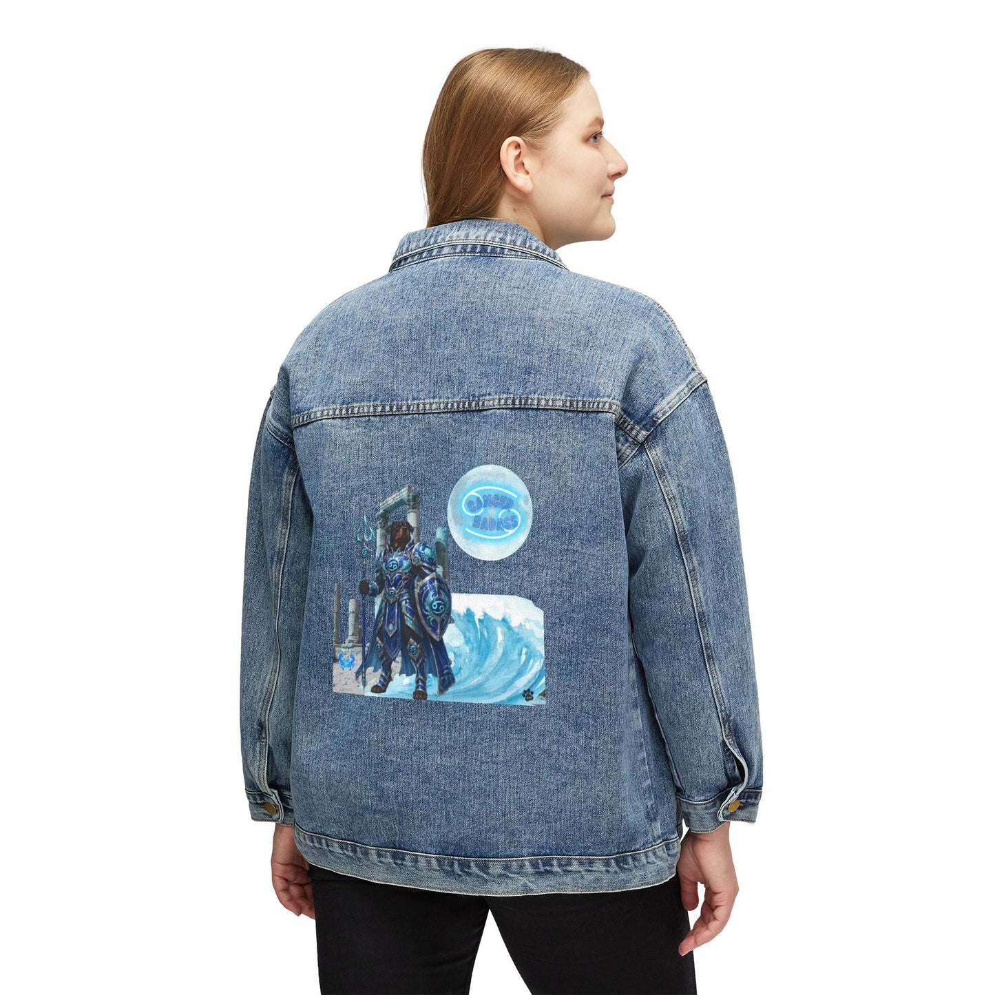 Cancer Zodiac Rottweiler Women’s Denim Jacket – Neptune Knight Mystical Anime Dog Jean Jacket
