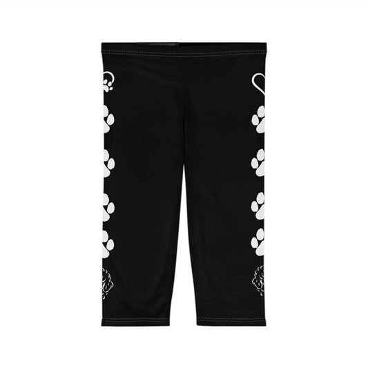 Paw Print and Hearts Doodle Dog Capri Leggings Black and White