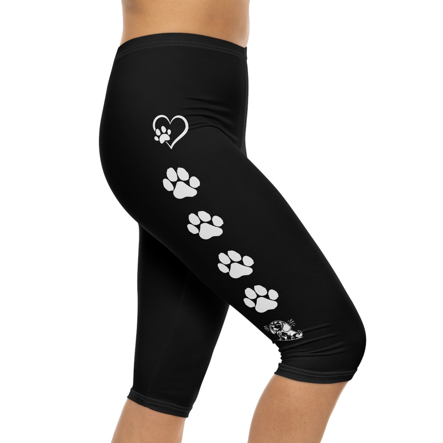 Beagle Hearts and Paw Prints Black Capri Leggings (White Accent)