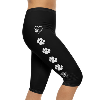 Beagle Hearts and Paw Prints Black Capri Leggings (White Accent)