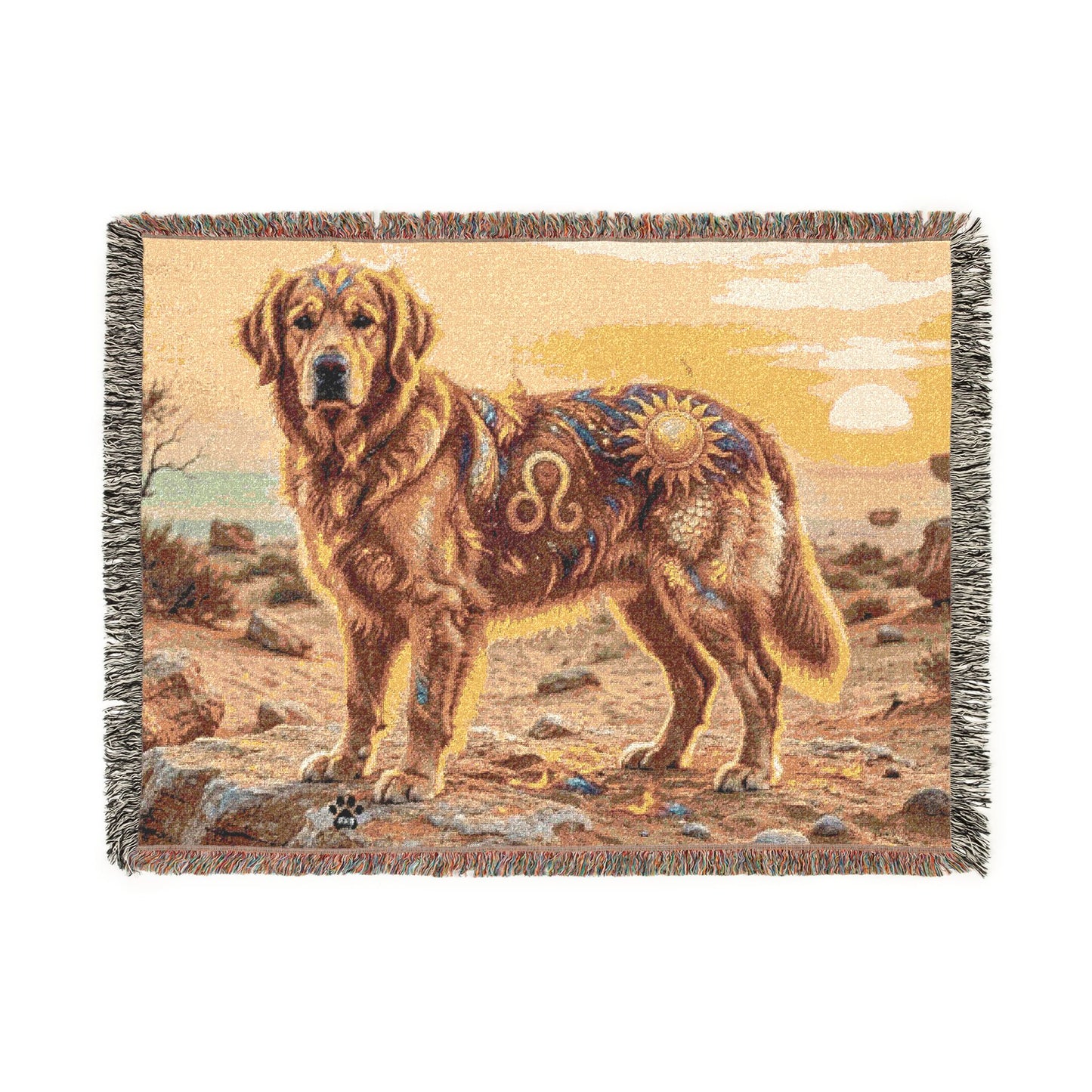 Leo Zodiac Golden Retriever Woven Blanket | Fire Sign Tapestry Throw with Fringe | Boho Astrological Dog Lover Gift | Couch & Wall Decor
