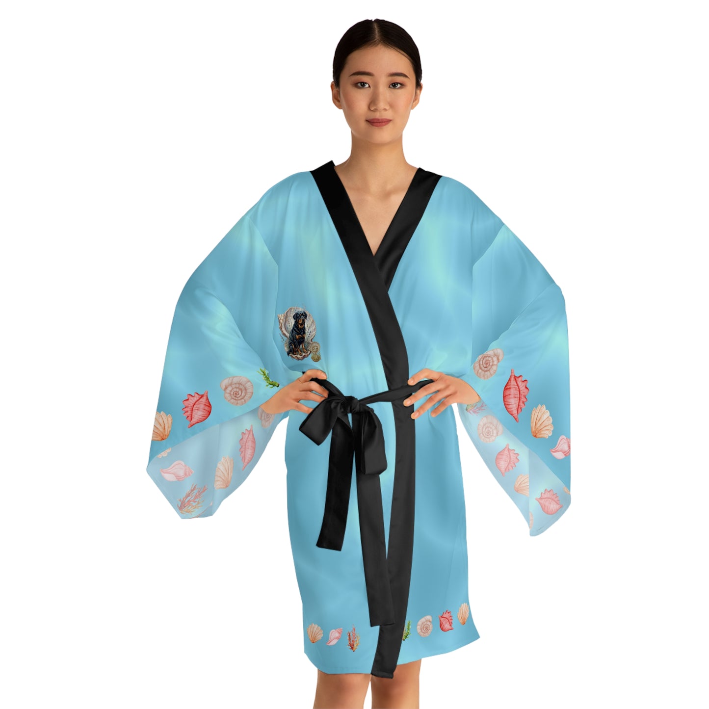 Luxury Cancer Zodiac Rottweiler Kimono Robe - All Over Print Fluid Aqua Water Elements Spa Loungewear