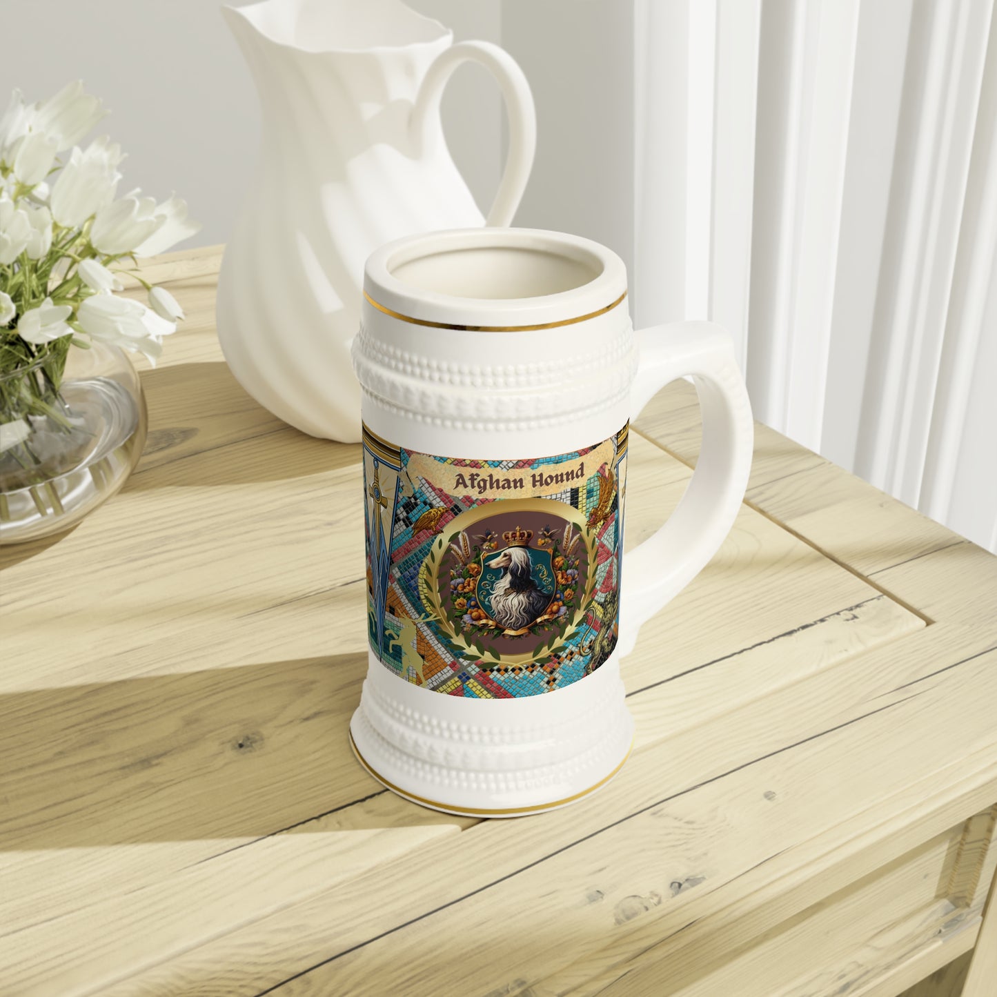 Afghan Hound Floral Crest Ceramic Beer Stein Mug
