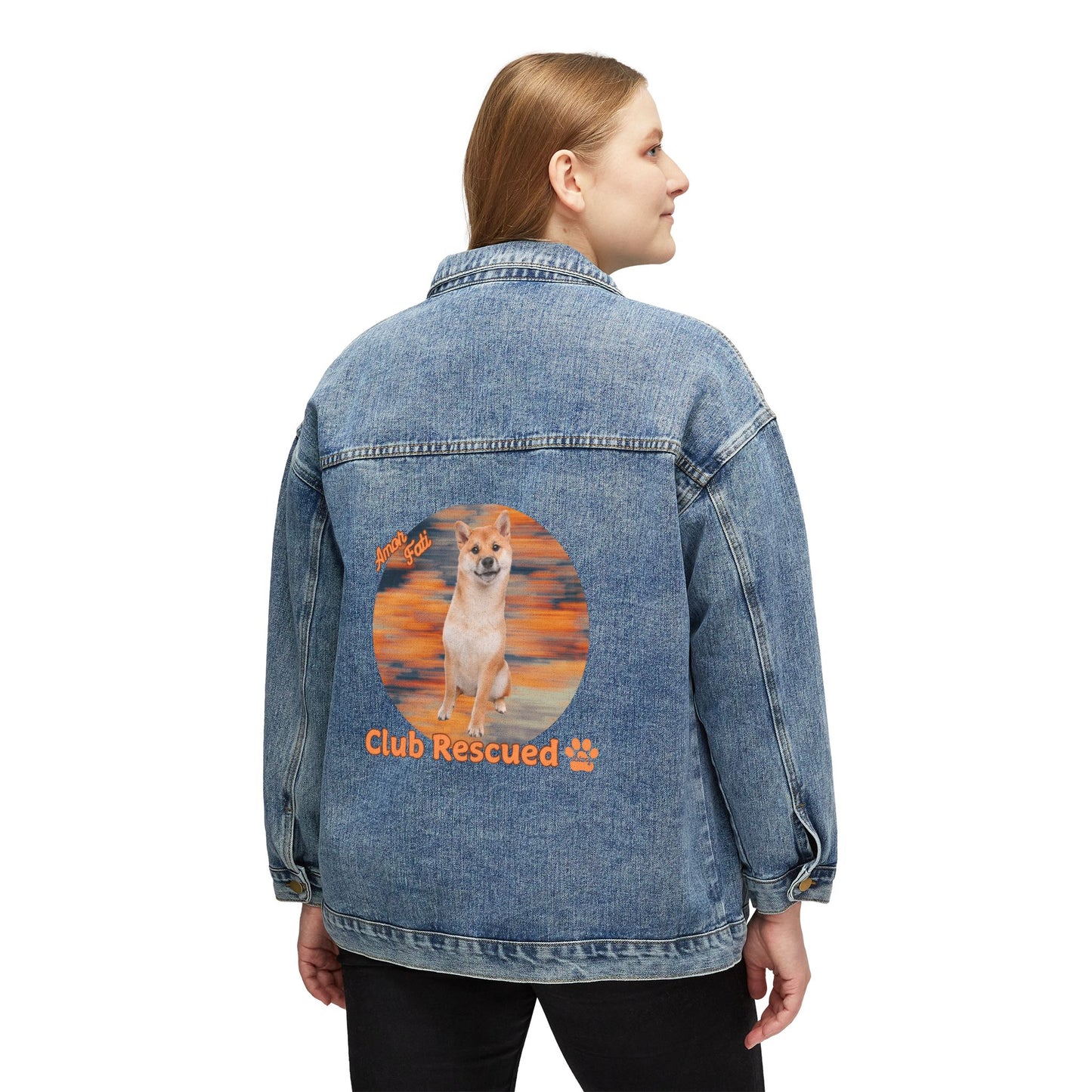 Women's Denim Jacket — 'Club Rescued' Shiba Inu Rescue Graphic Back Print