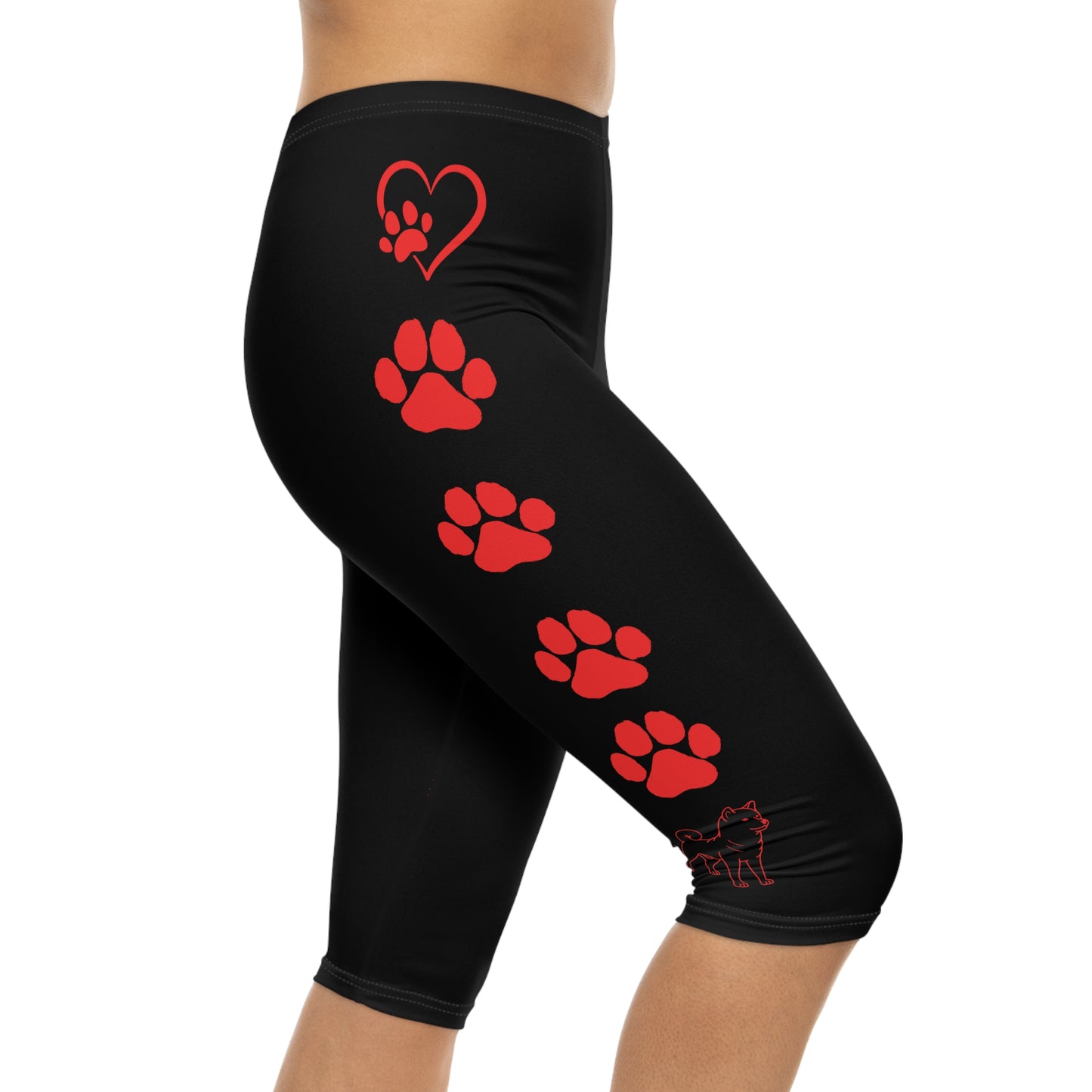 Paw Prints and Hearts Shiba Inu Capri Leggings Black with Red