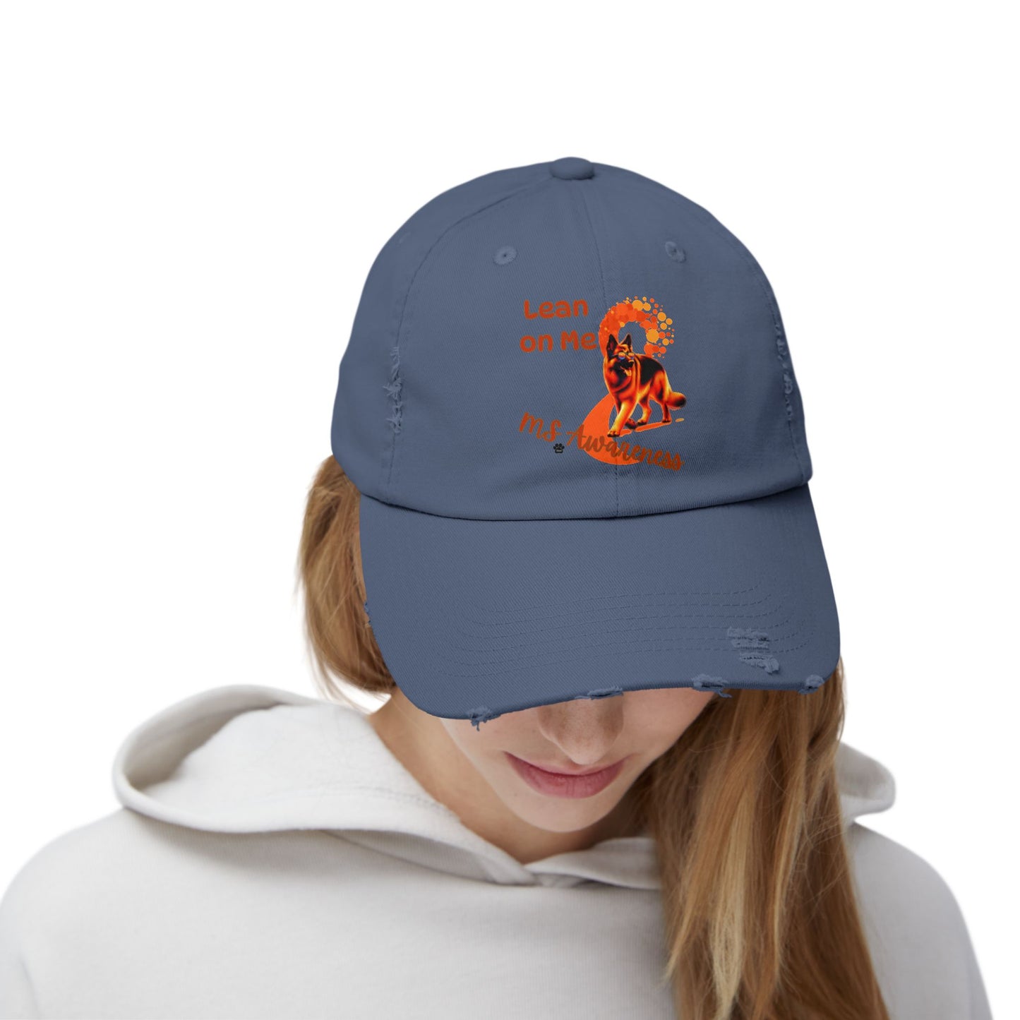 German Shepherd MS Awareness Distressed Cap - "Lean on Me" Mobility Service Dog Baseball Hat