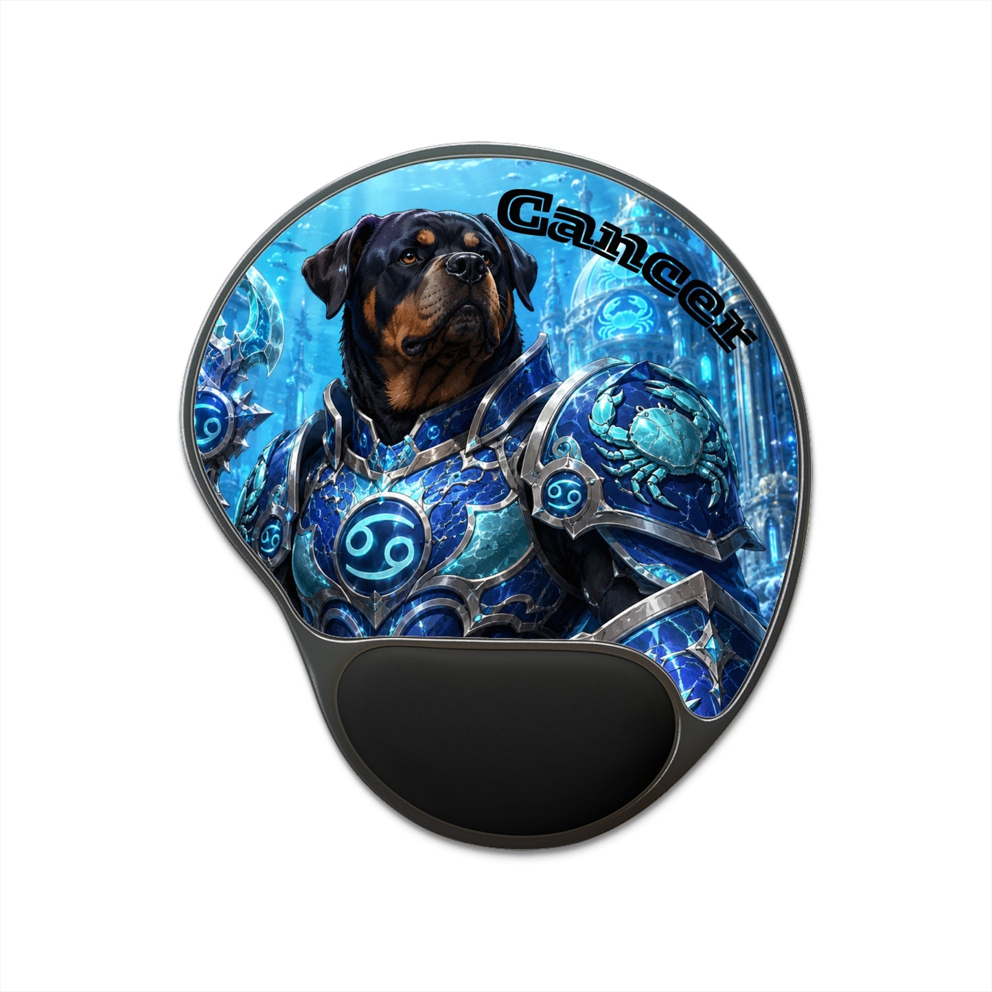 Cancer Zodiac Rottweiler Ergonomic Mouse Pad – Mythic Neptune Knight Abyssal Dog Art Wrist Support Desk Mat