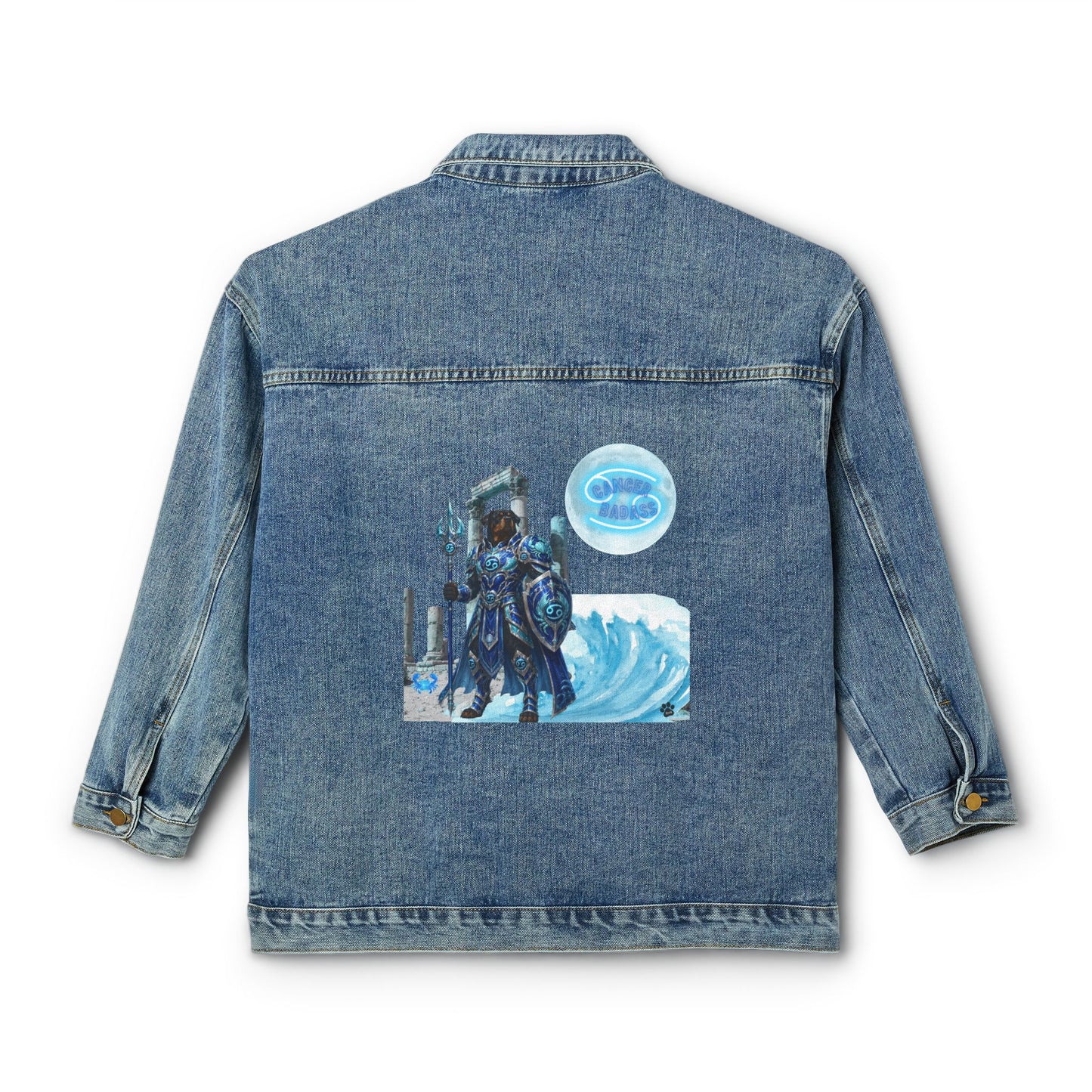 Cancer Zodiac Rottweiler Women’s Denim Jacket – Neptune Knight Mystical Anime Dog Jean Jacket