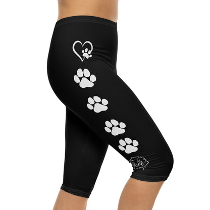 Paw Print and Hearts Doodle Dog Capri Leggings Black and White