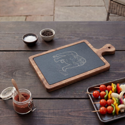 Bulldog Engraved Slate & Acacia Wood Charcuterie Board with Cheese Knives