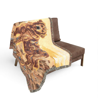 Leo Zodiac Golden Retriever Woven Blanket | Fire Sign Tapestry Throw with Fringe | Boho Astrological Dog Lover Gift | Couch & Wall Decor