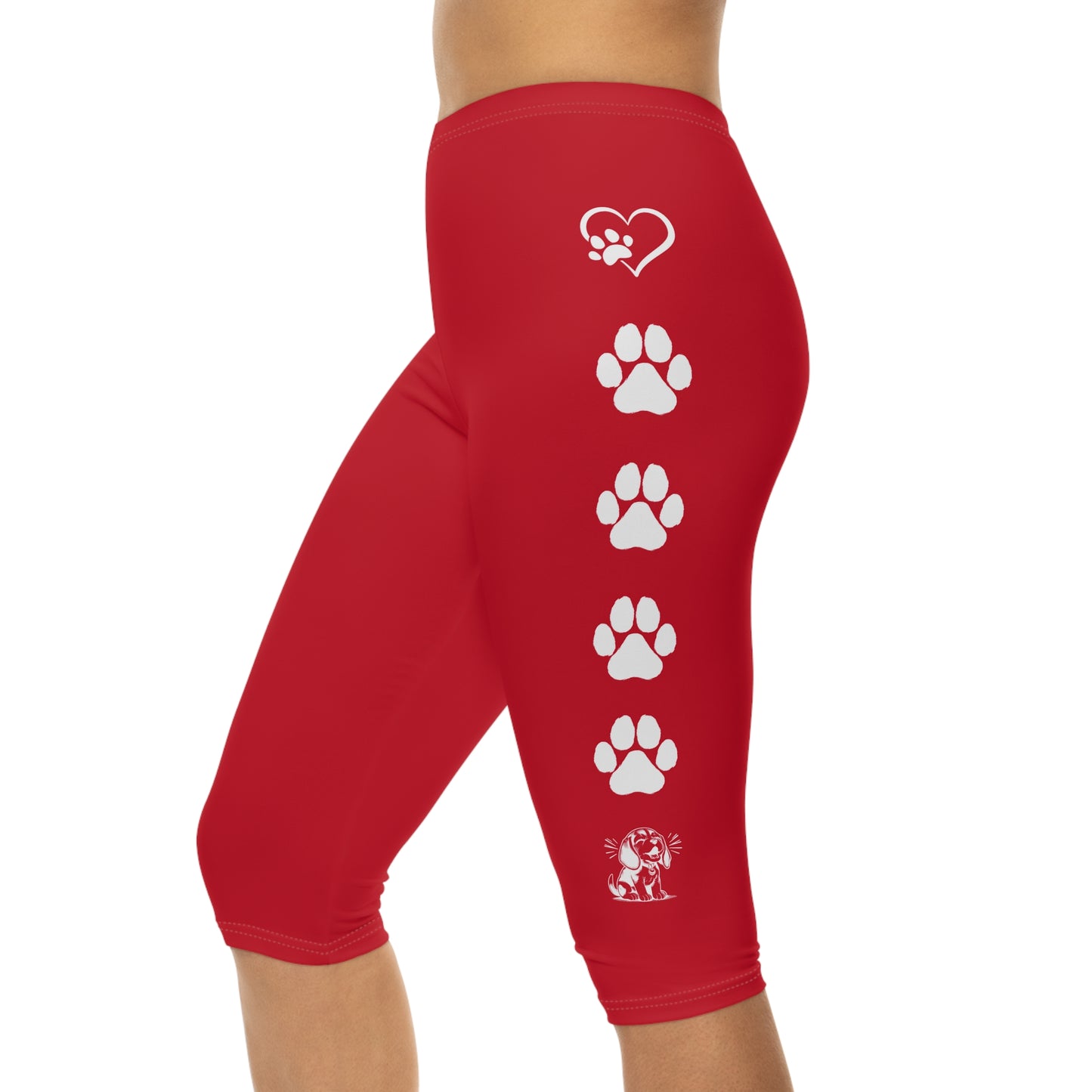 Beagle Paw Prints Capri Leggings in Red and White