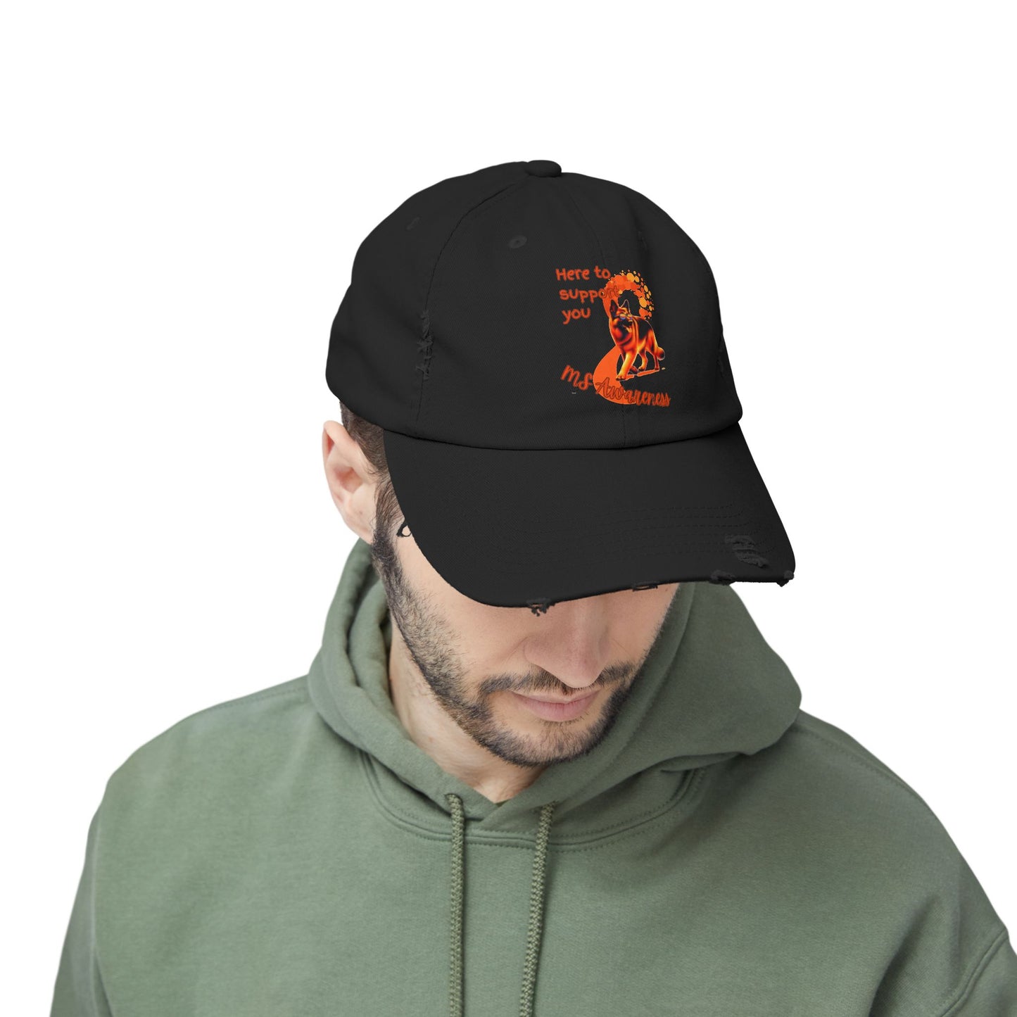 German Shepherd MS Awareness Distressed Cap - "Here to Support You" Mobility Service Dog Baseball Hat