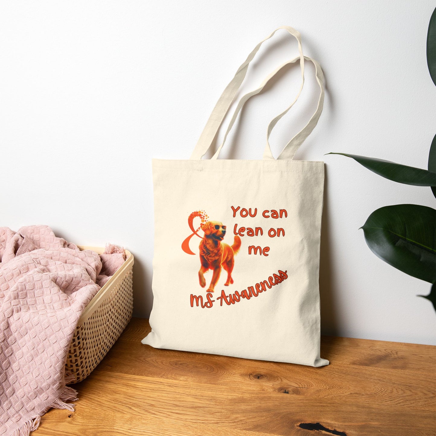 MS Awareness Golden Retriever Lean on me. Cotton Canvas Tote Bag