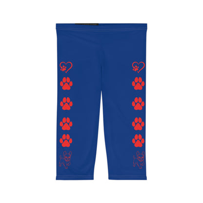 Paws and Hearts French Bulldog Capri Leggings Blue and Red