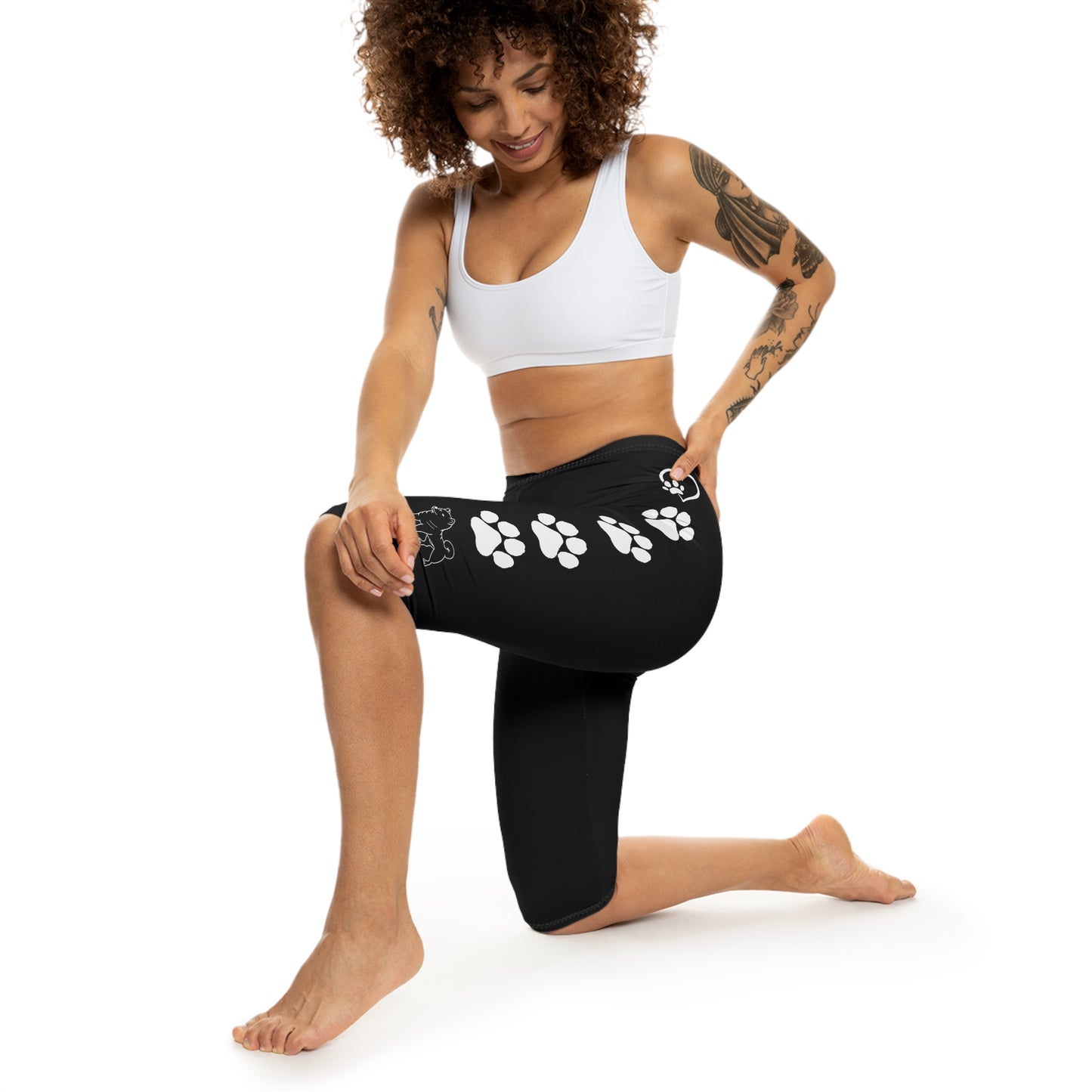 Paw Prints and Hearts Shiba Inu Capri Leggings Black with White