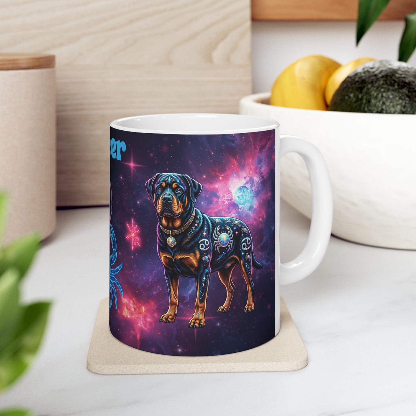Cancer Zodiac Rottweiler Ceramic Coffee Mug – Celestial Galaxy Dog Art Gift