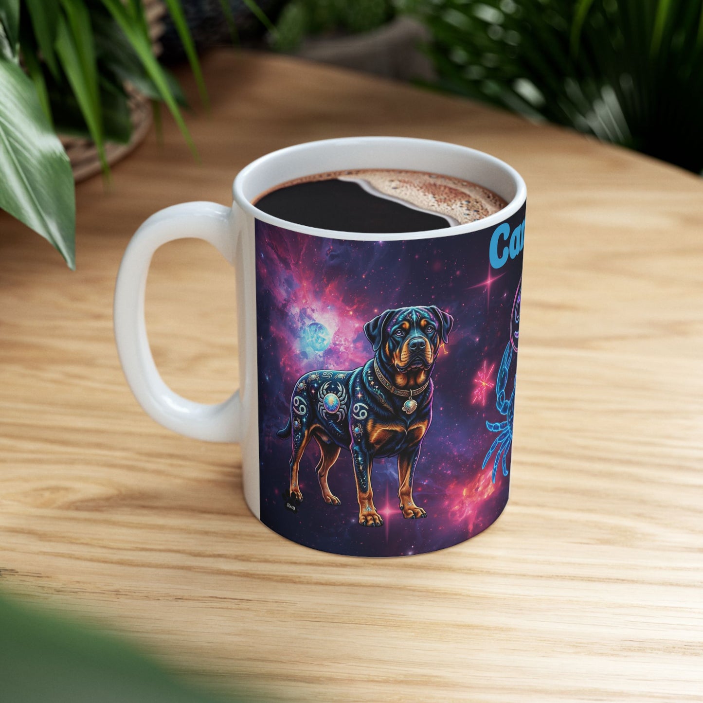 Cancer Zodiac Rottweiler Ceramic Coffee Mug – Celestial Galaxy Dog Art Gift