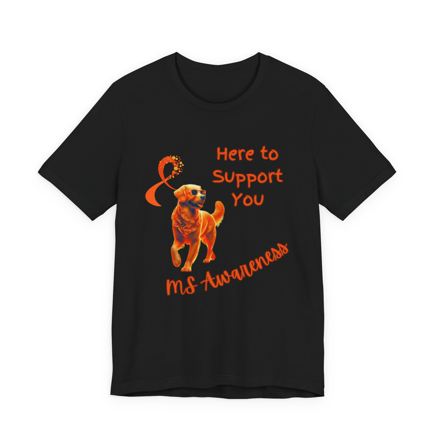 Golden Retriever MS Awareness T-Shirt – "Here to Support You" Orange Ribbon Tee
