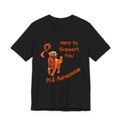 Golden Retriever MS Awareness T-Shirt – "Here to Support You" Orange Ribbon Tee