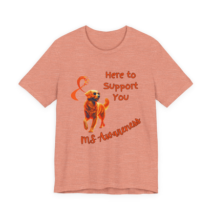 Golden Retriever MS Awareness T-Shirt – "Here to Support You" Orange Ribbon Tee