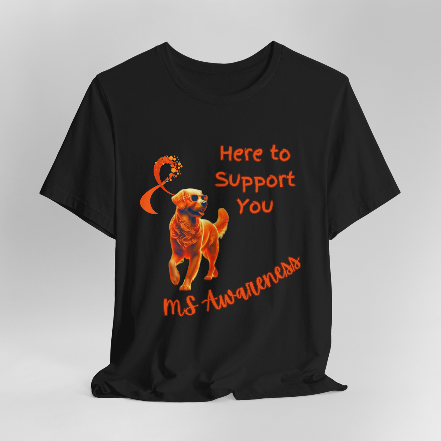 Golden Retriever MS Awareness T-Shirt – "Here to Support You" Orange Ribbon Tee