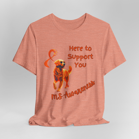 Golden Retriever MS Awareness T-Shirt – "Here to Support You" Orange Ribbon Tee