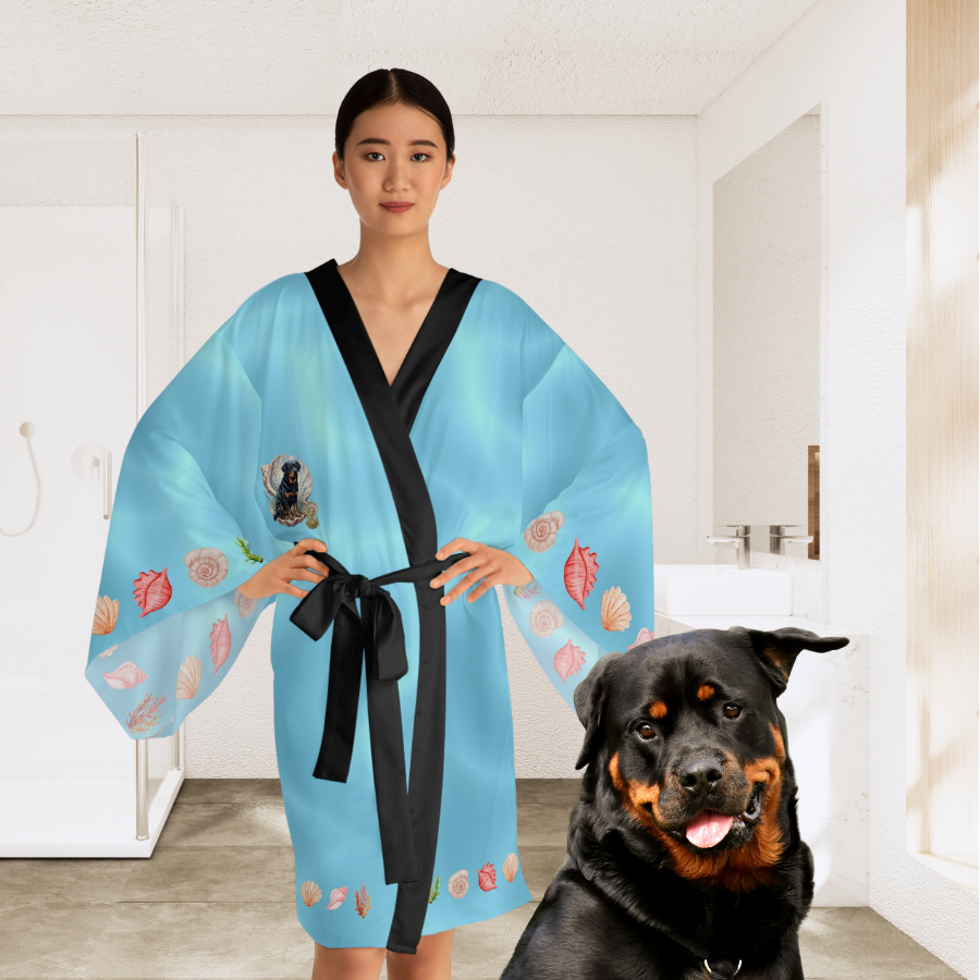 Luxury Cancer Zodiac Rottweiler Kimono Robe - All Over Print Fluid Aqua Water Elements Spa Loungewear