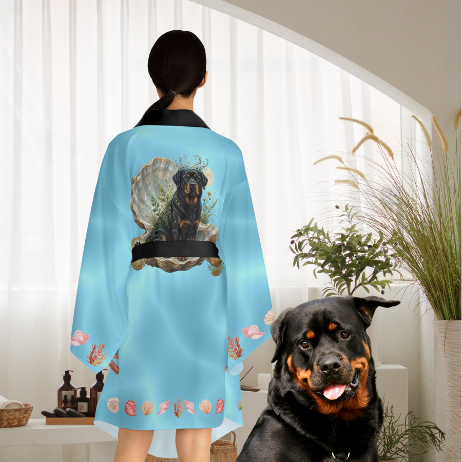 Luxury Cancer Zodiac Rottweiler Kimono Robe - All Over Print Fluid Aqua Water Elements Spa Loungewear