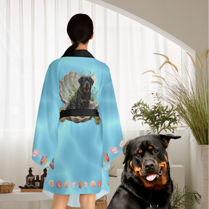 Luxury Cancer Zodiac Rottweiler Kimono Robe - All Over Print Fluid Aqua Water Elements Spa Loungewear