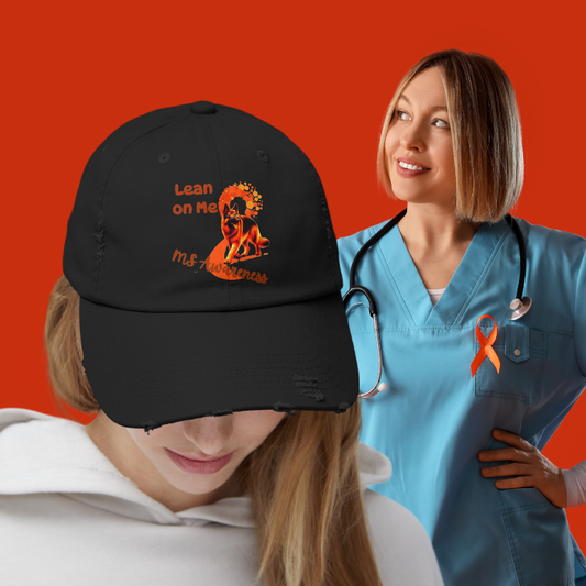 German Shepherd MS Awareness Distressed Cap - "Lean on Me" Mobility Service Dog Baseball Hat
