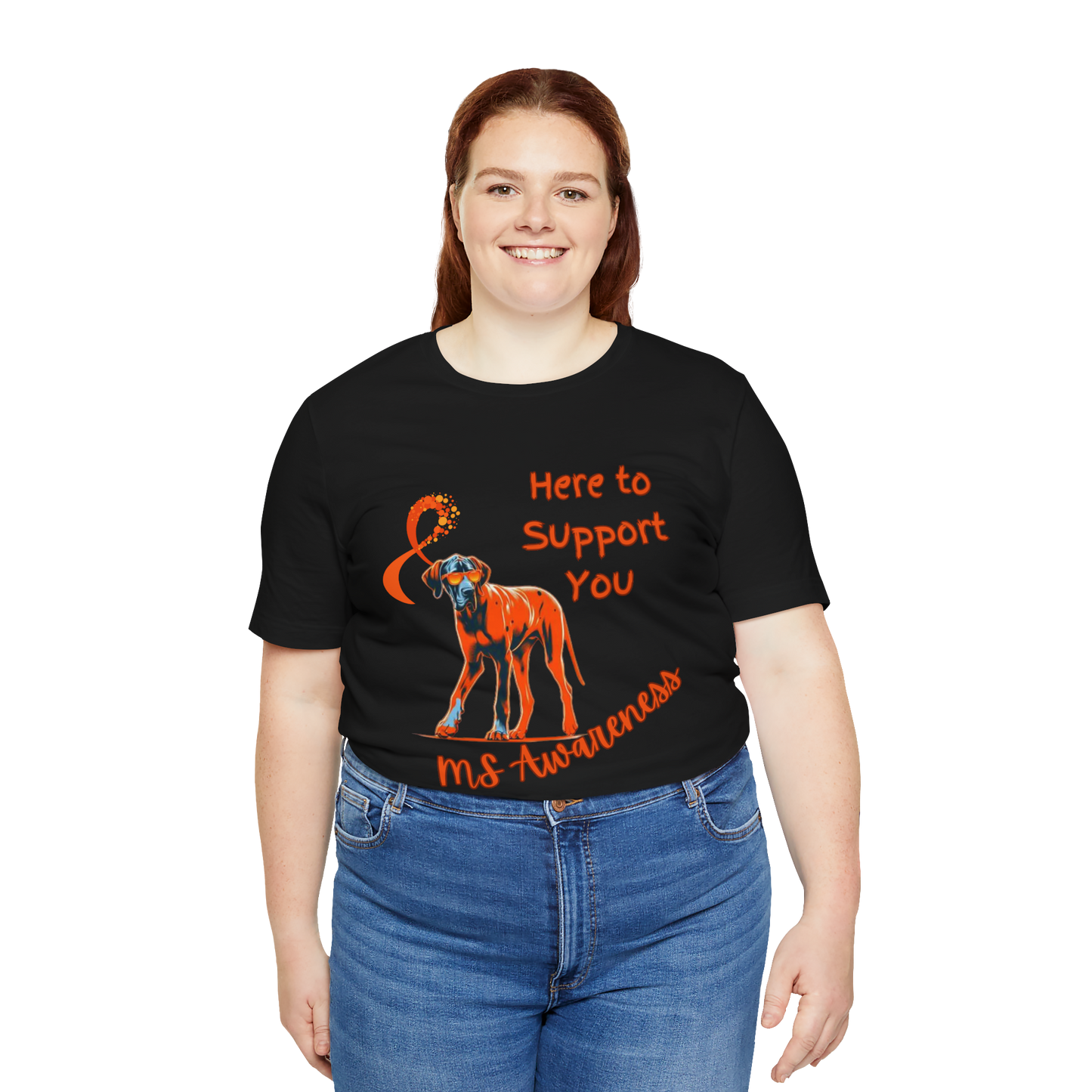 Great Dane MS Awareness T-Shirt – "Here to Support You" Orange Ribbon Tee