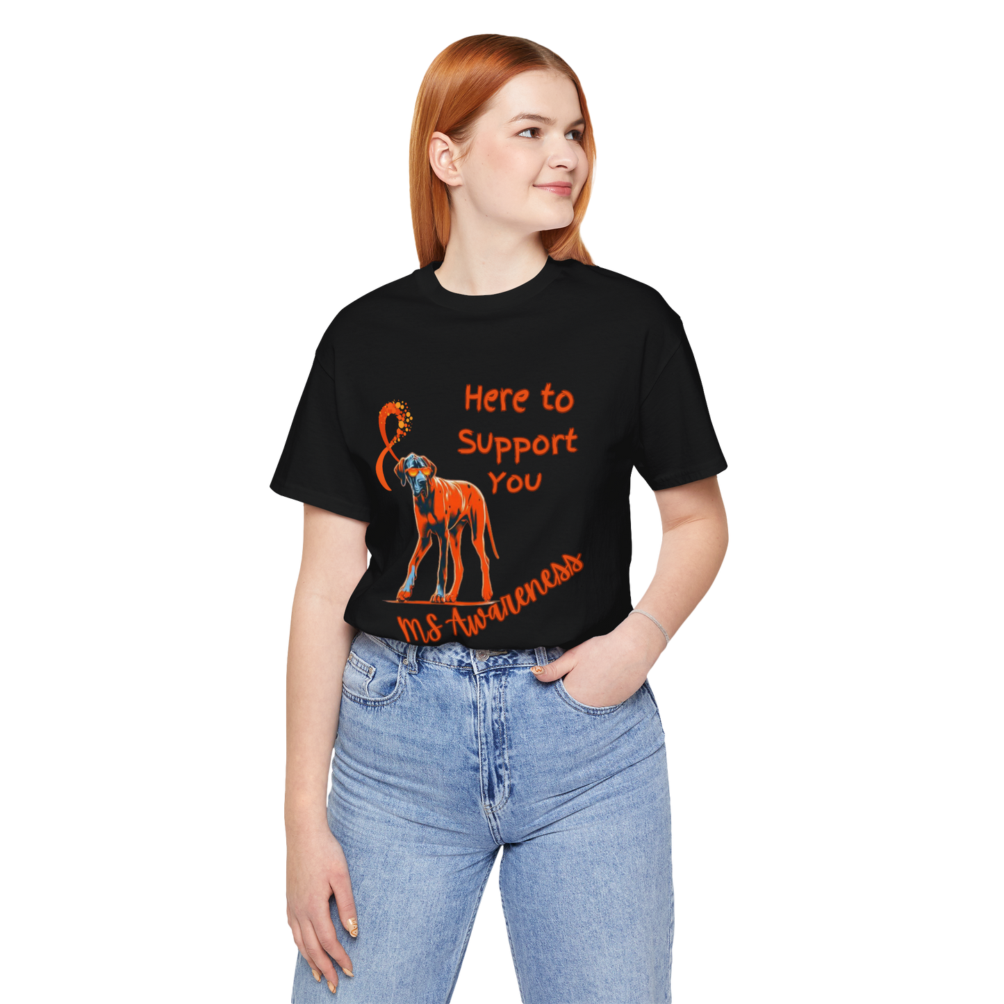 Great Dane MS Awareness T-Shirt – "Here to Support You" Orange Ribbon Tee