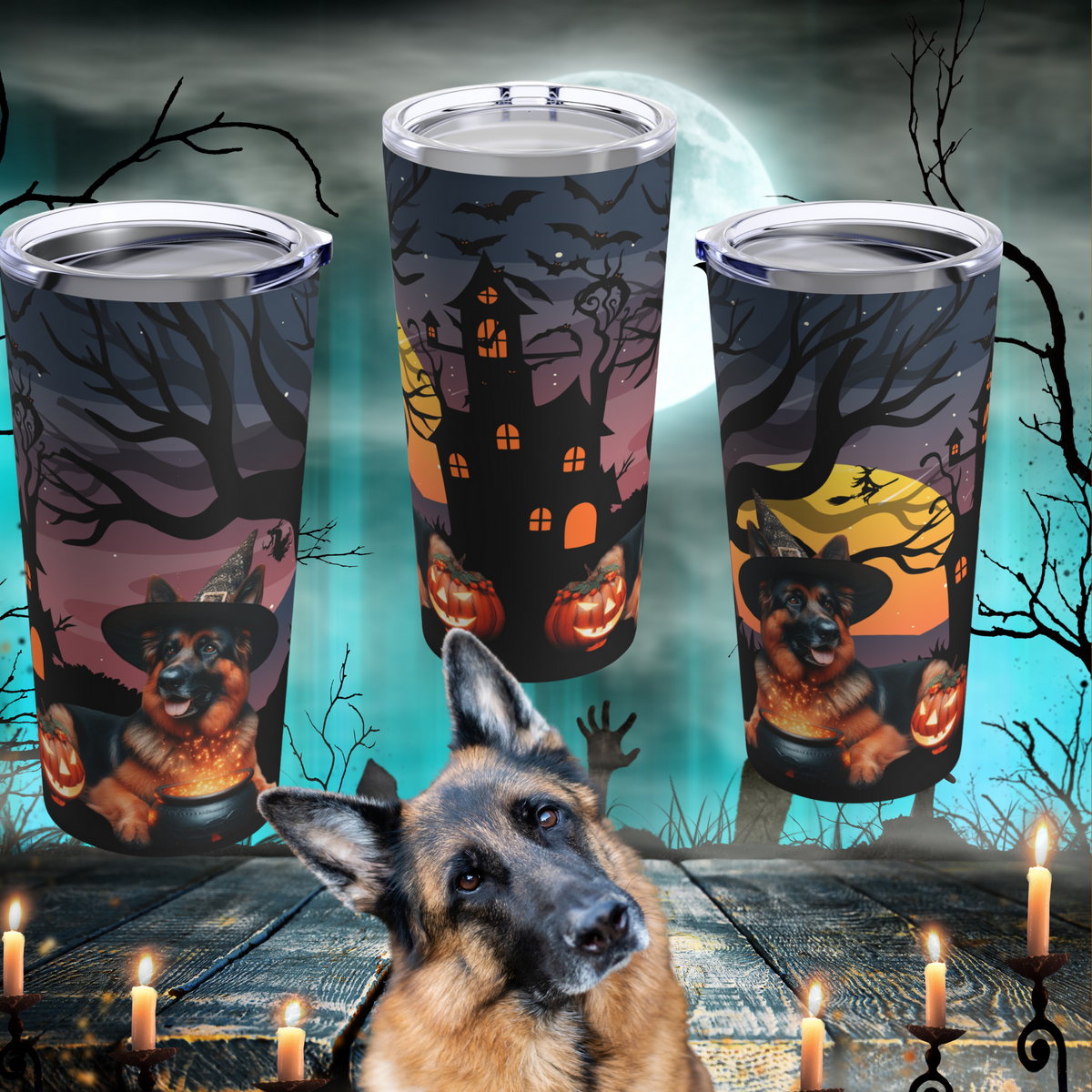 German Shepherd Witch Halloween Coffee Tumbler