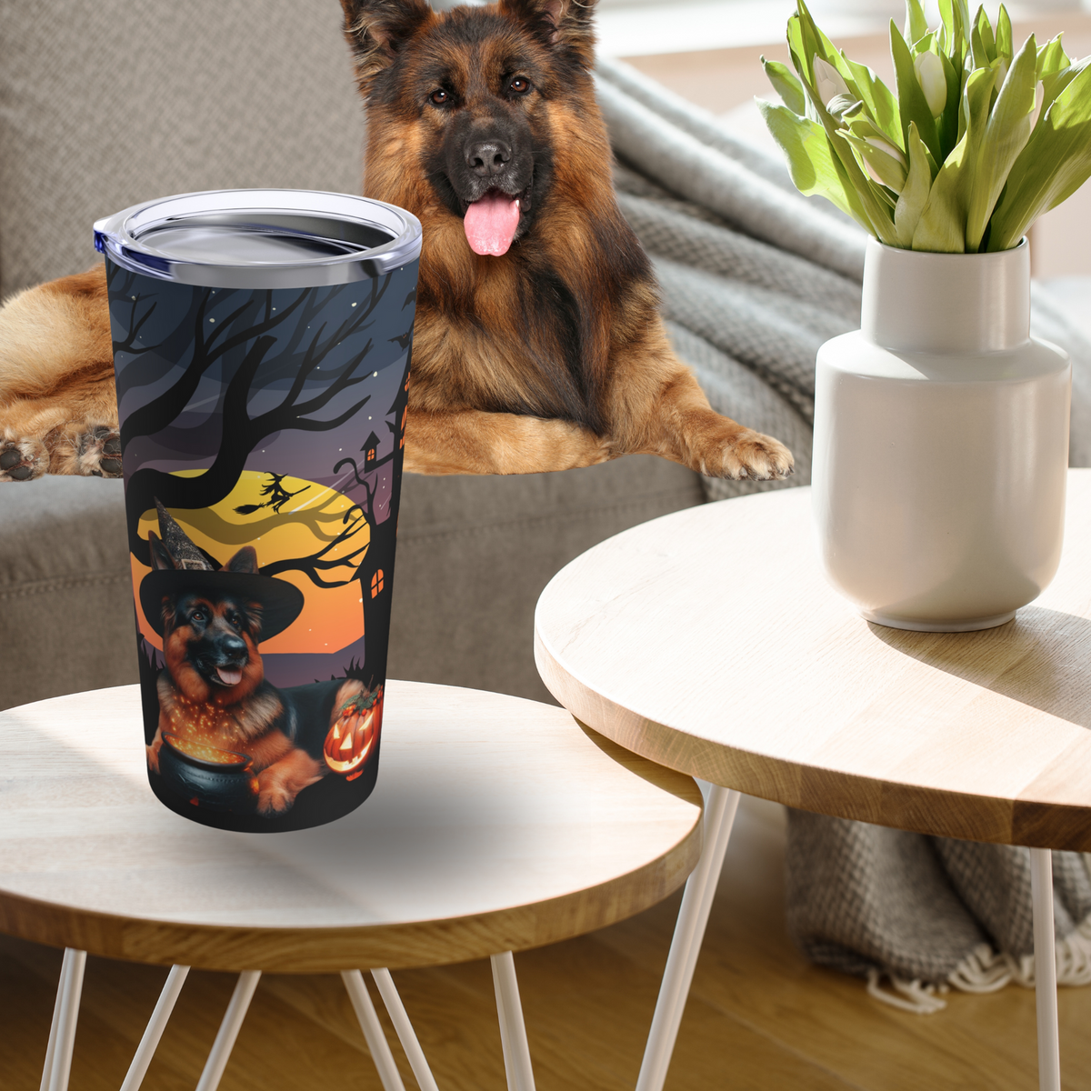 German Shepherd Witch Halloween Coffee Tumbler