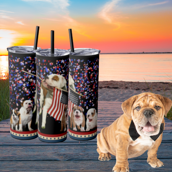 American Bulldog  Dog Pack Patriotic Skinny Tumbler with Straw, 20oz