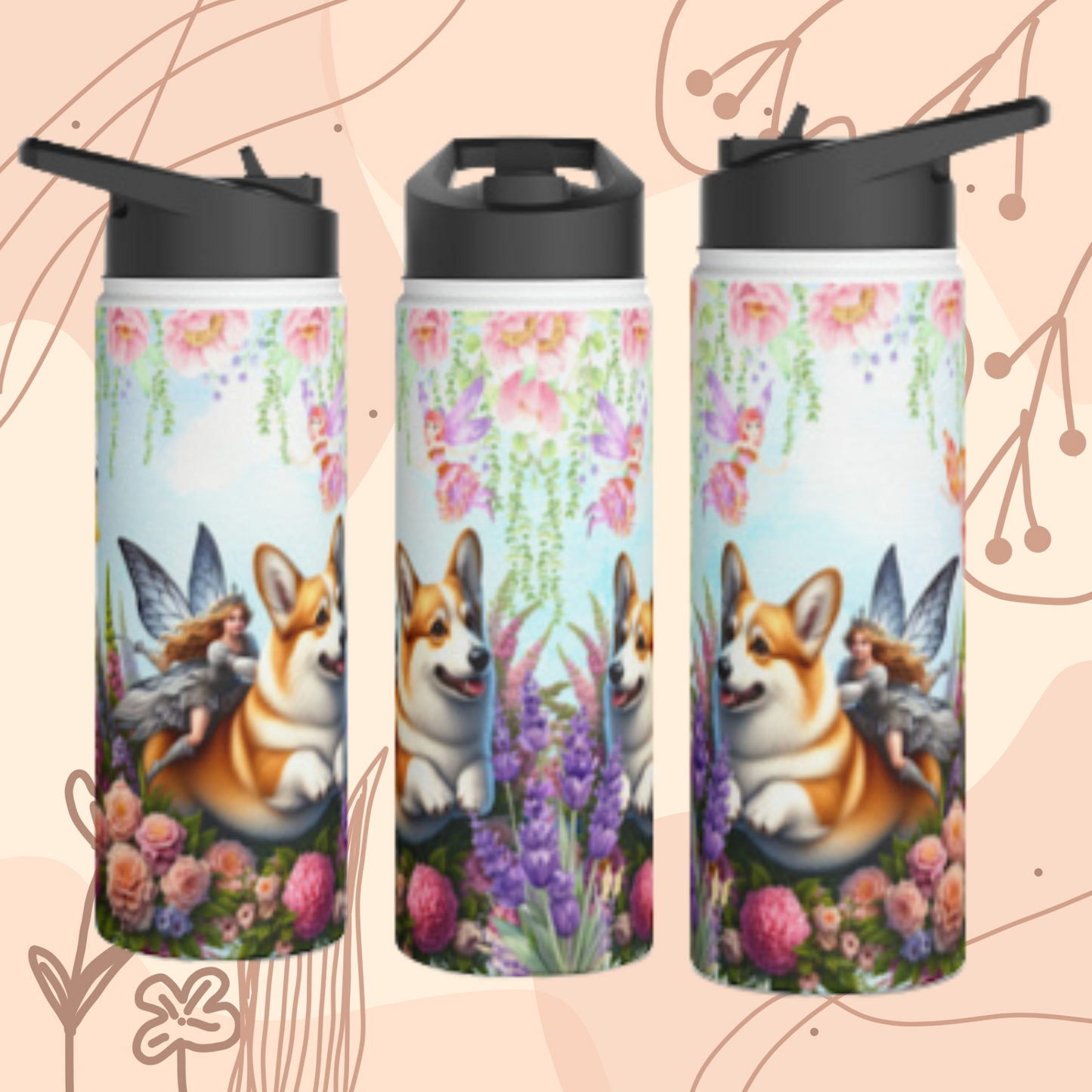 Corgi Fairytale Stainless Steel Water Bottle, Standard Lid