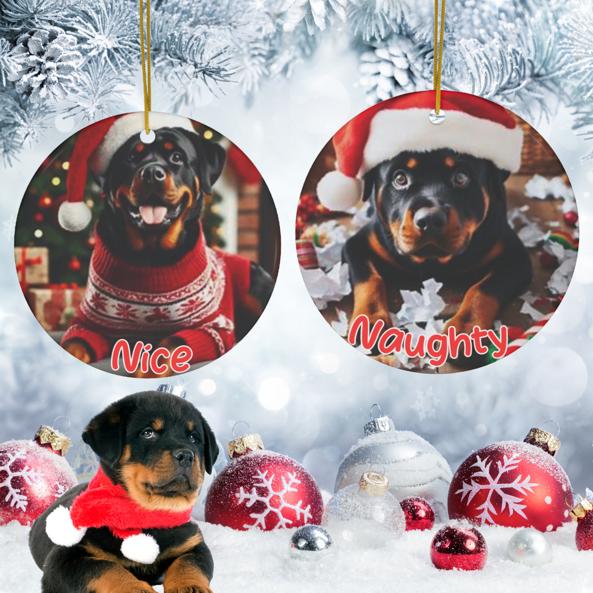 Rottweiler naughty or nice Christmas Ceramic Ornament, 1-Pack