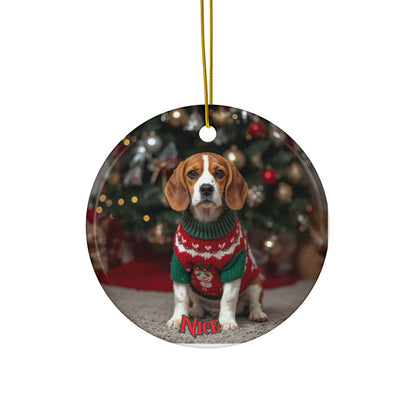 Beagle Dog Christmas Ornament — Double-Sided Ceramic Holiday Decoration (Nice / Naughty)