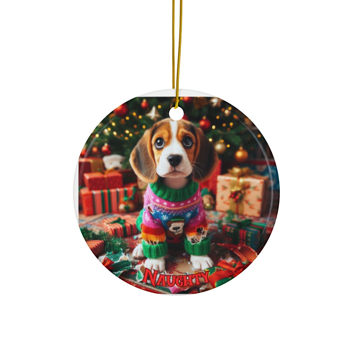 Beagle Dog Christmas Ornament — Double-Sided Ceramic Holiday Decoration (Nice / Naughty)