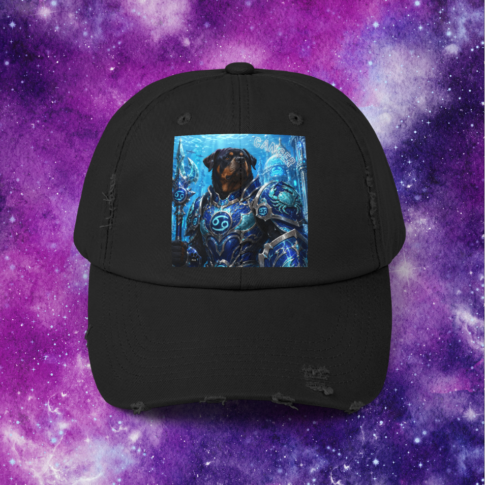 Cancer Zodiac Rottweiler Distressed Cap – Mythic Neptune Knight Abyssal Dog Art Baseball Hat