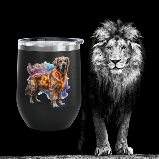 Leo Zodiac Golden Retriever Wine Tumbler – 12oz Insulated Stainless Steel Stemless Cup & Dog Lover Gift