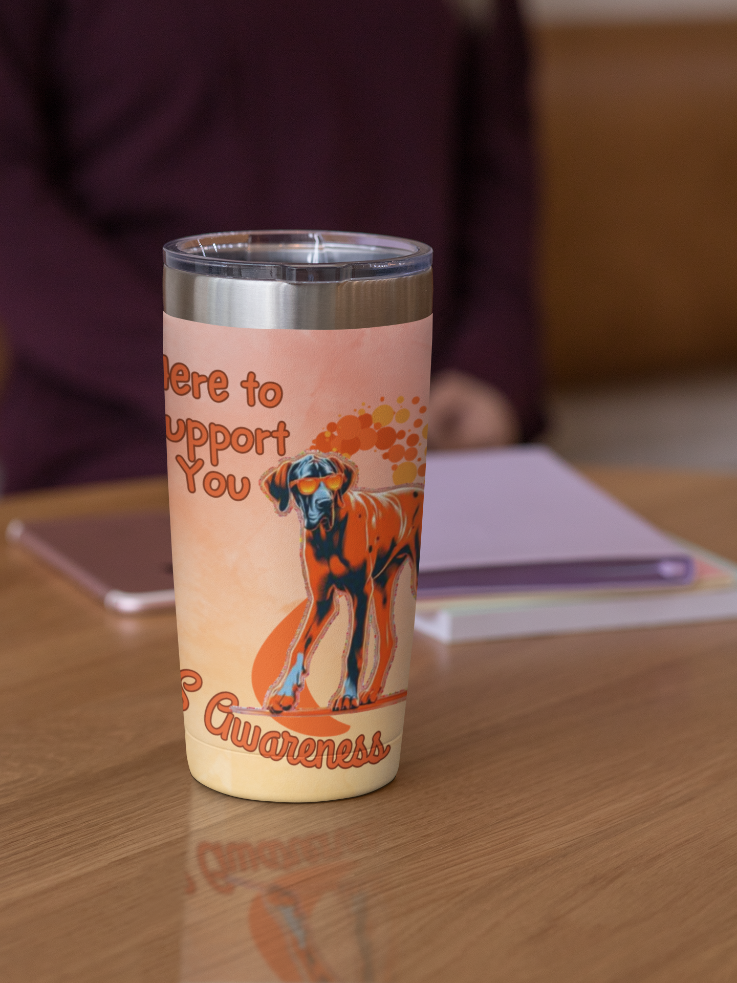 Great Dane MS Awareness Tumbler - "Here to Support You" Mobility Service Dog Travel Mug