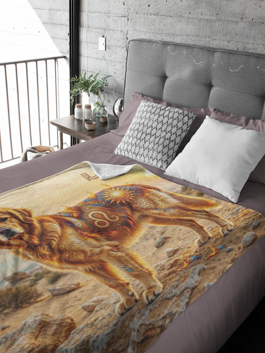Leo Elemental Golden Retriever Sherpa Blanket | Fire Zodiac Dog Fleece Throw | Warm Cozy Dog Lover Gift | Astrology Bed & Couch Throw