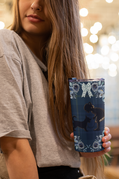 scotty and girl walking with plaid background coffee tumbler