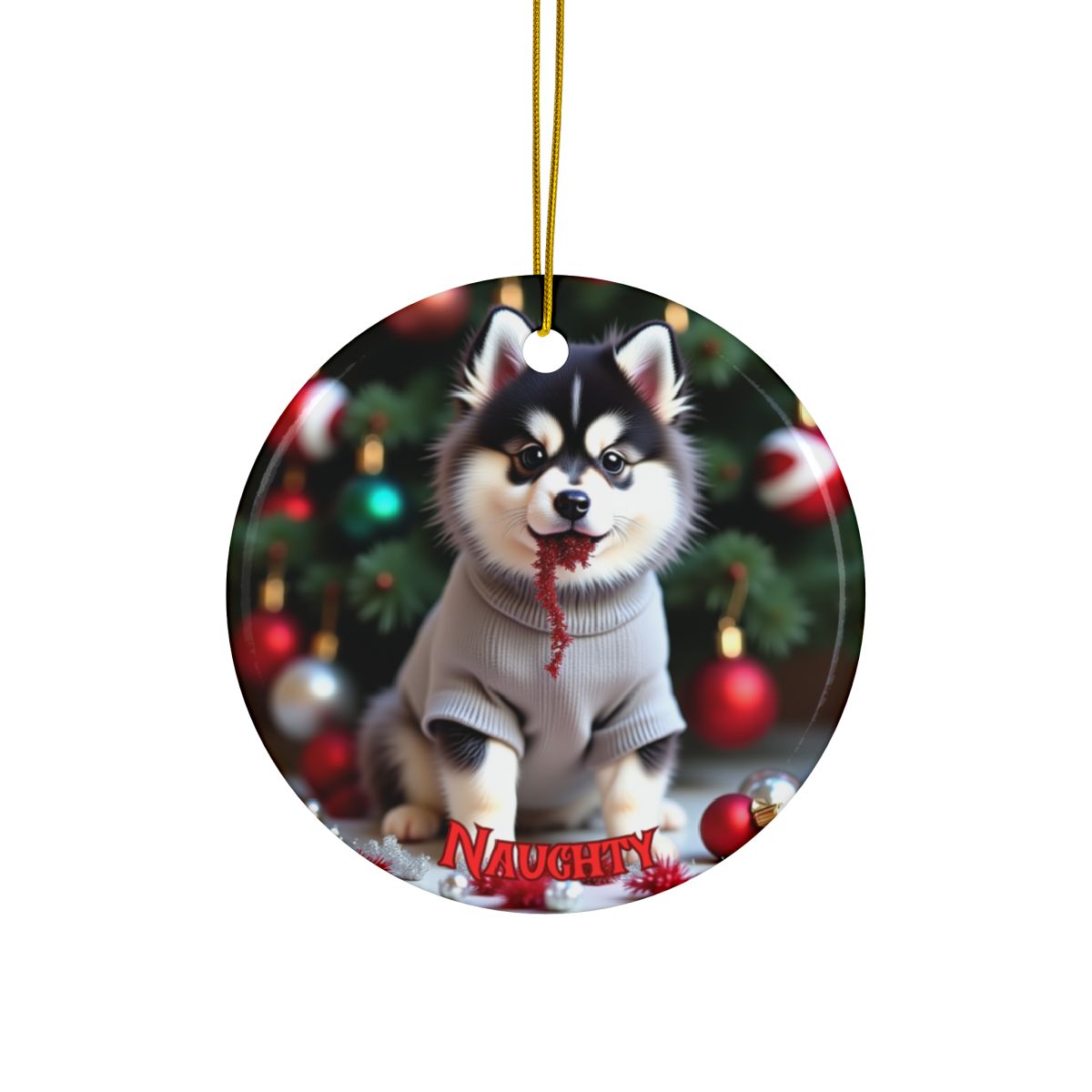 Pomsky Naughty or Nice Christmas Ornament set