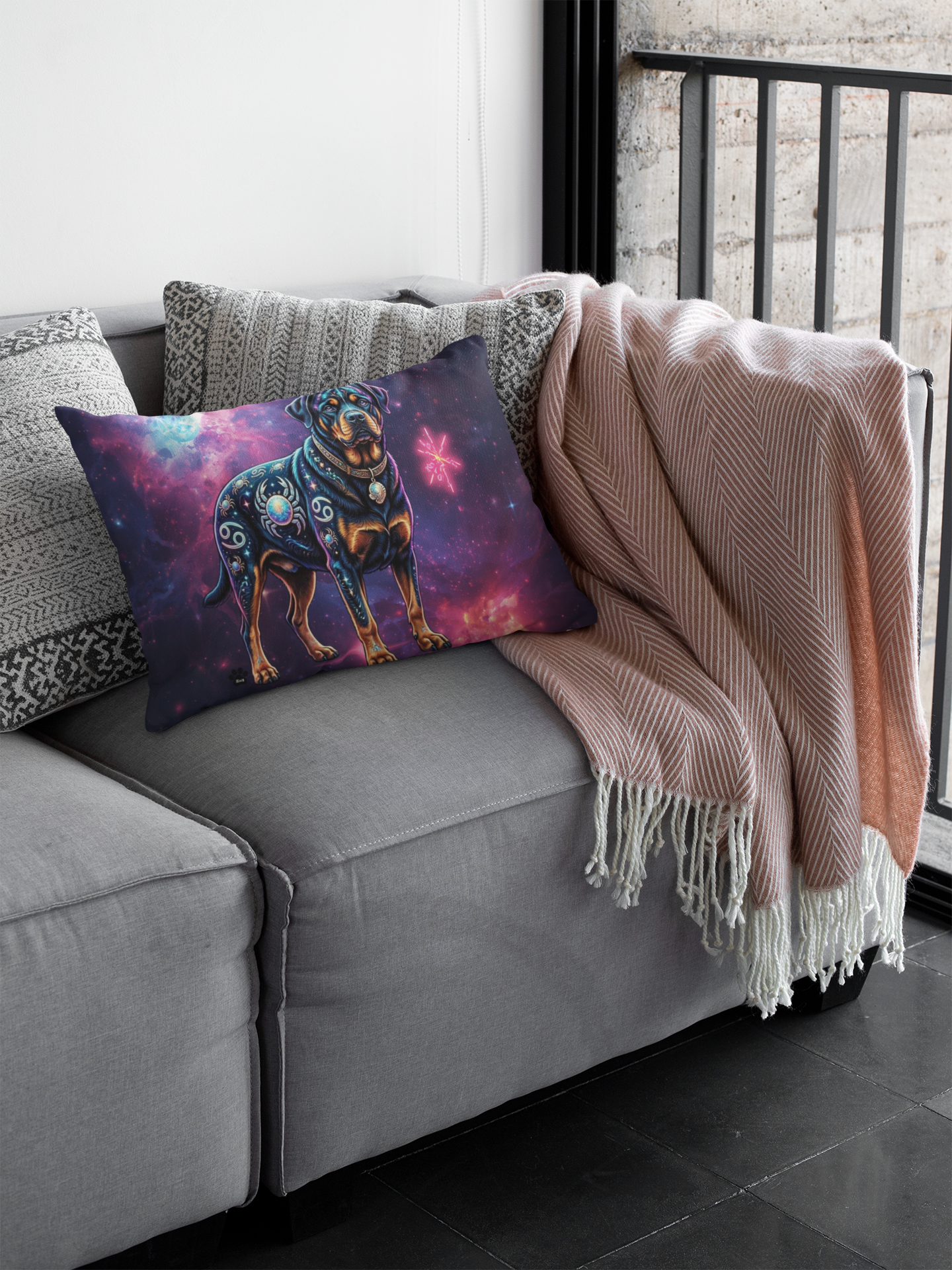 Celestial Cancer Zodiac Rottweiler Lumbar Pillow | Cosmic Dog Art Accent Cushion