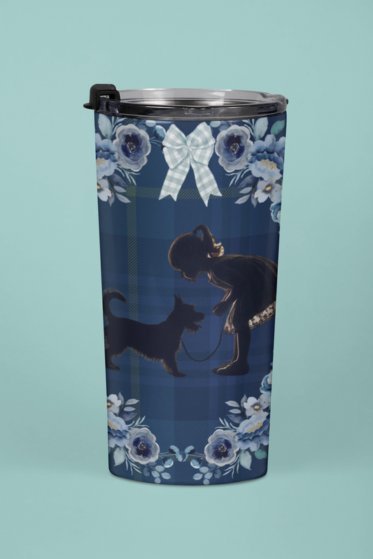 scotty and girl walking with plaid background coffee tumbler